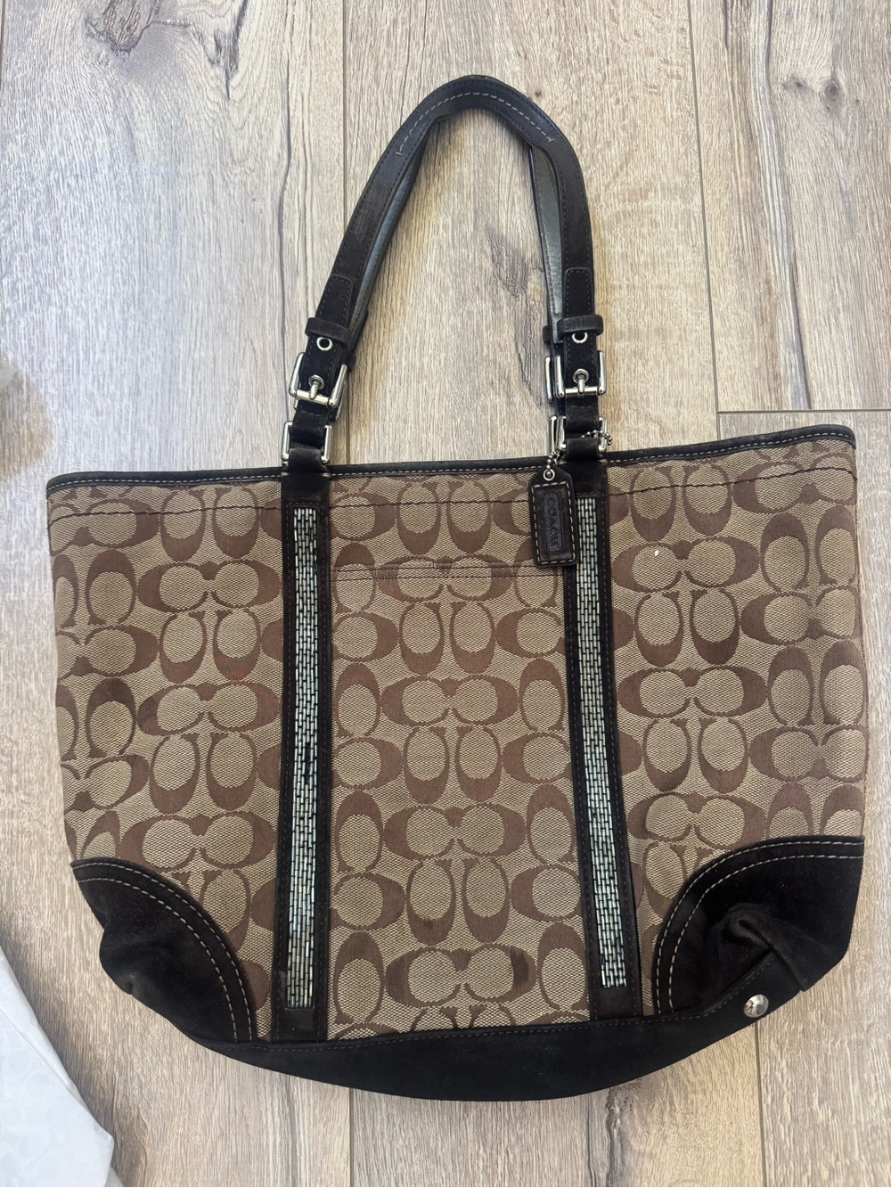 Coach Canvas Tote Handbag in Brown with Dark suede trim and beads